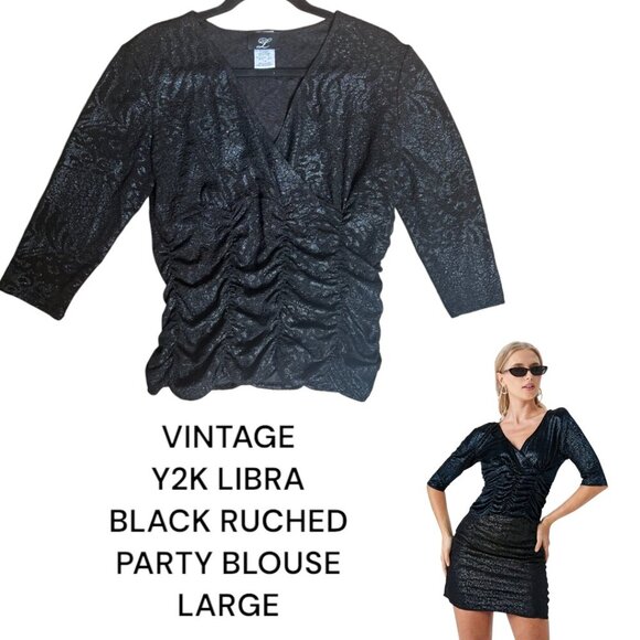 VTG. Y2K LIBRA BLACK RUCHED BLOUSE‎ TOP LARGE EUC - Picture 1 of 5